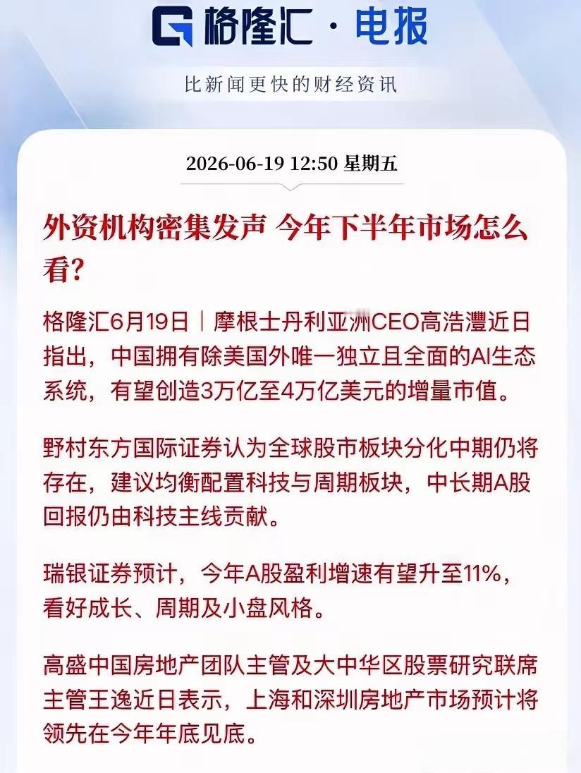 对于下半年的市场，外资依然看好中国资本市场，中国拥有除美国以外唯一独立而且全面的