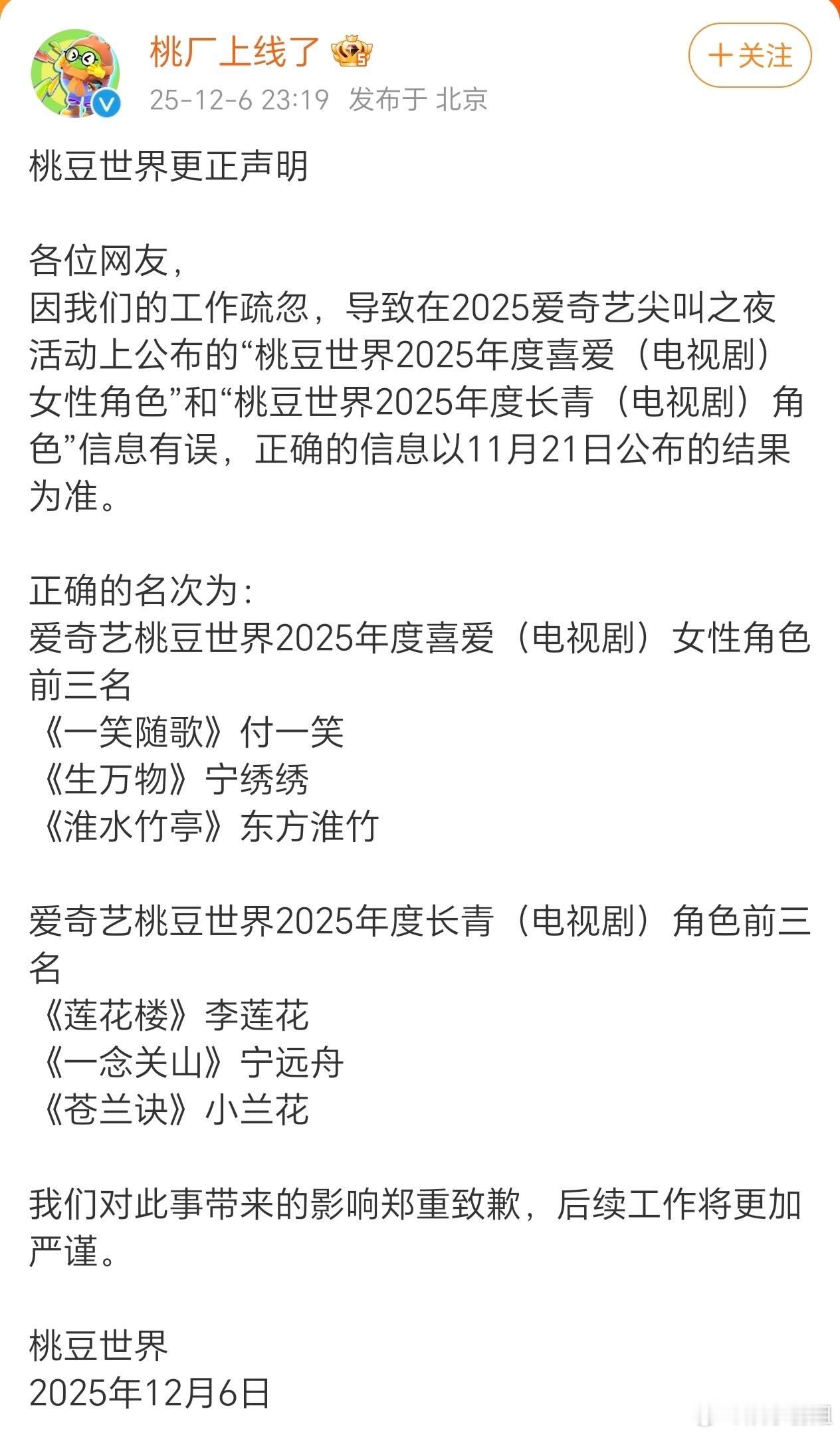 爱奇艺年度喜爱女性角色 桃豆世界更正声明，爱奇艺桃豆世界2025年度喜爱（电视剧
