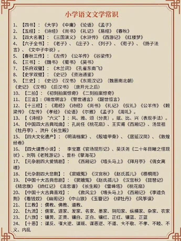 家里有小学生，这份文学常识一定要存好✨
 
语文考试里的填空、选择题，很多都出自