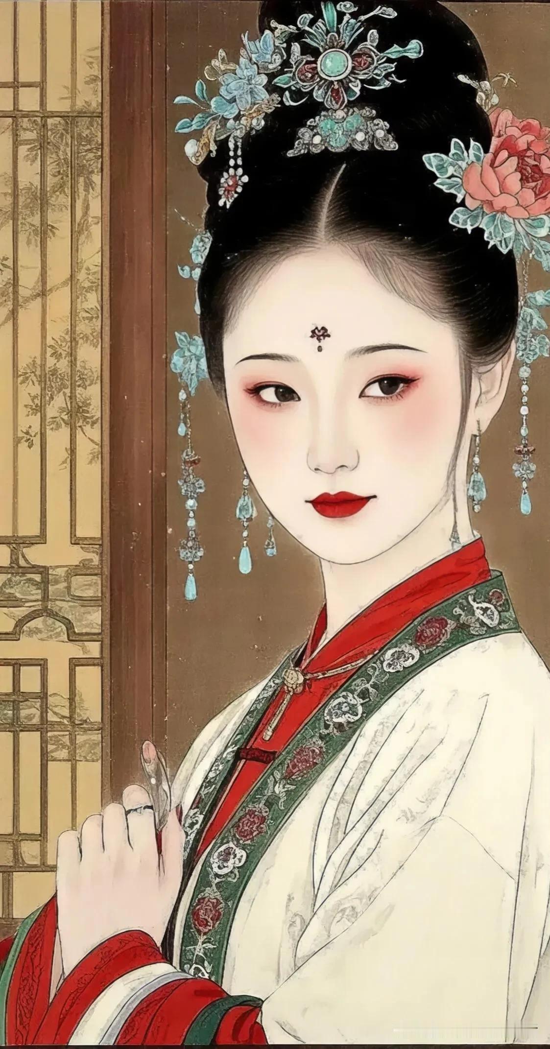 红妆美人倚栏立，花钿映月影。