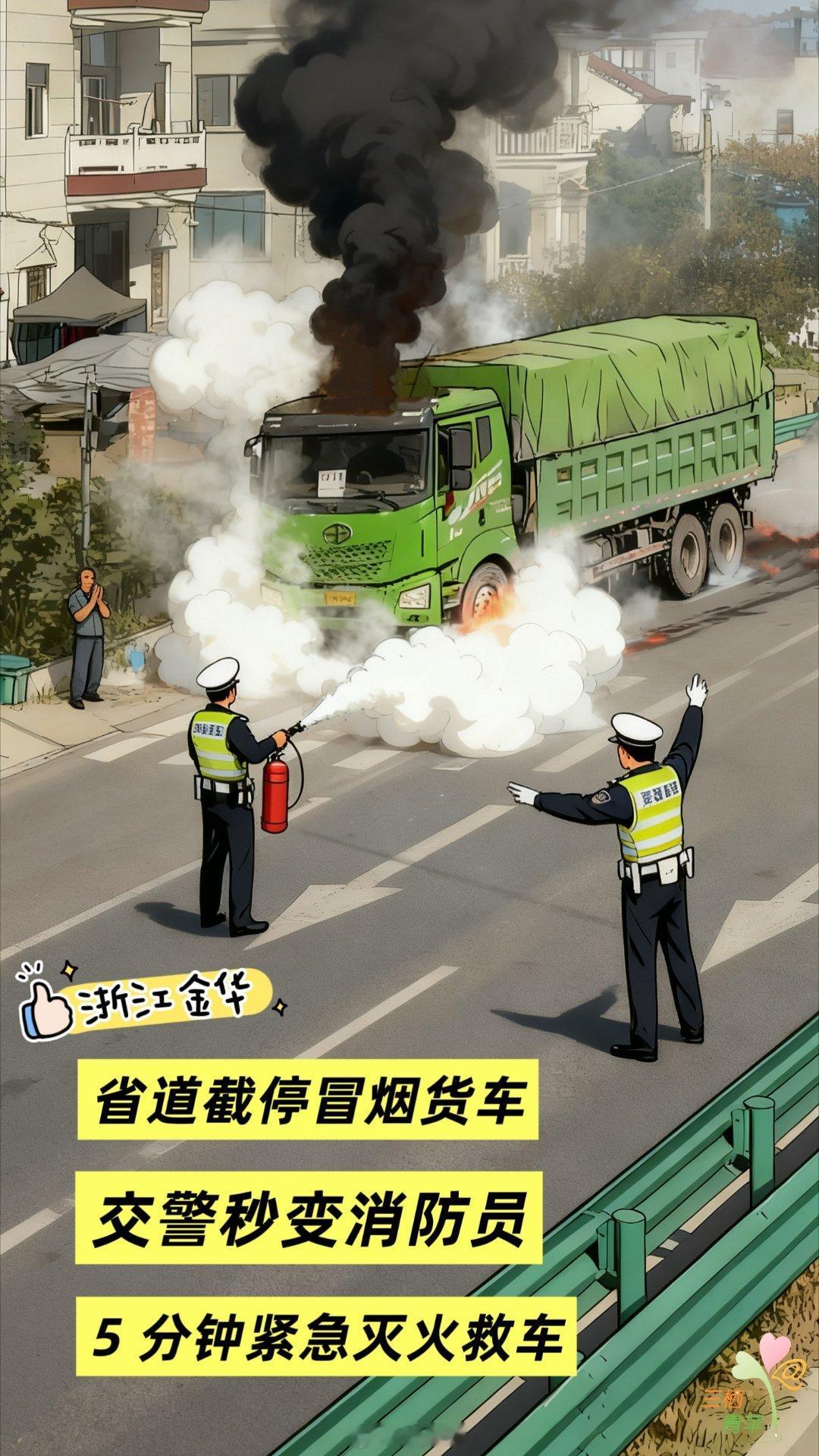 【货车轮胎起火浙江交警5分钟化险为夷】近日，浙江金华。兰溪市公安局交通管理大队马