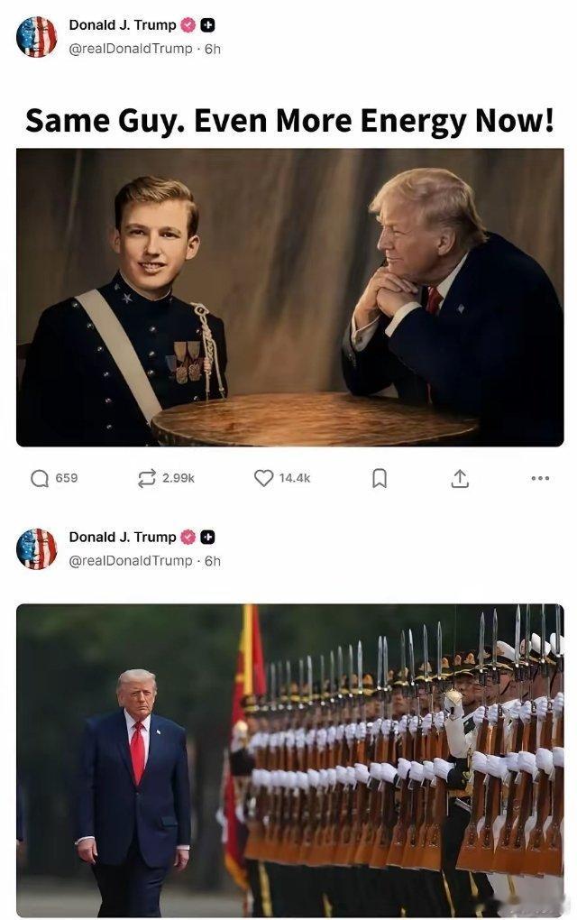 这样下去真的怕特朗普会抑郁了！老特从中国回去昨天发了两张和中国仪仗队同镜头的照片
