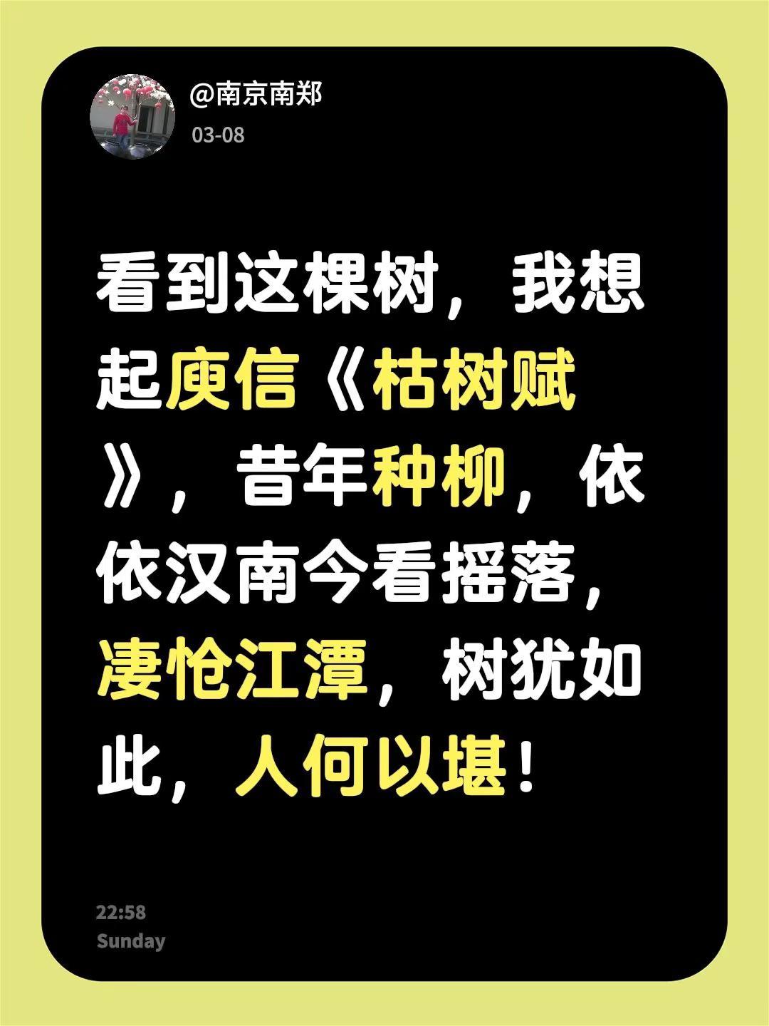 我评论了@guhaoyin 的作品：看到这棵树，我想起庾信《枯树赋》，昔年种柳，