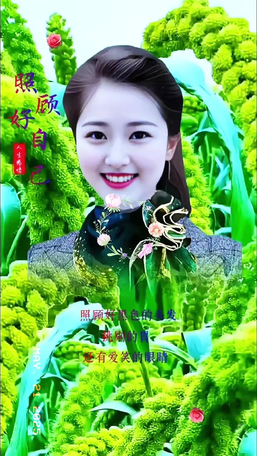 笑容灿烂，花丛中显得格外亮眼。
