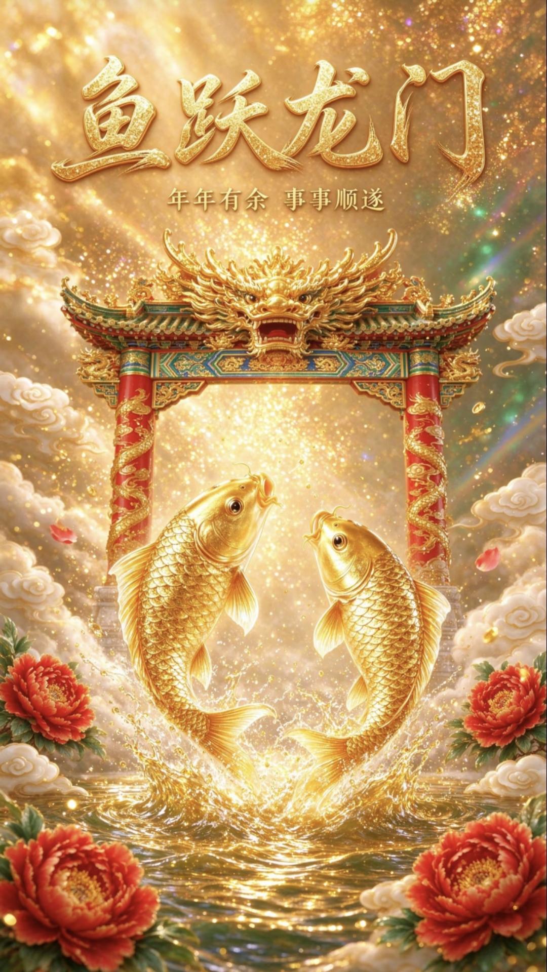 ​鱼跃龙门化祥瑞，花开富贵纳千祥；马到功成添锦绣，金玉满堂福绵长。五谷丰登家业旺