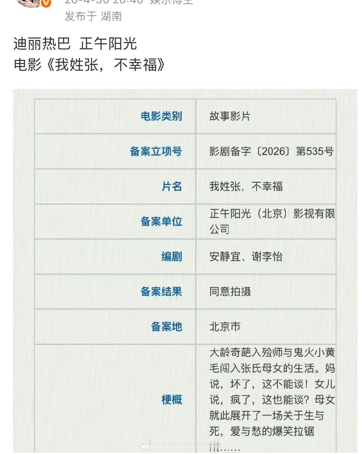 🍉有博主爆料迪丽热巴下部电影是， 正午阳光的《我姓张，不幸福》 