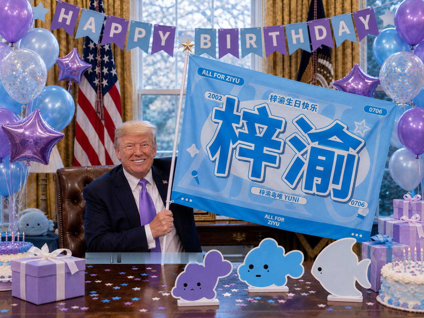 白宫发来贺电特朗普举大旗 祝梓渝24岁生日快乐 🎂 