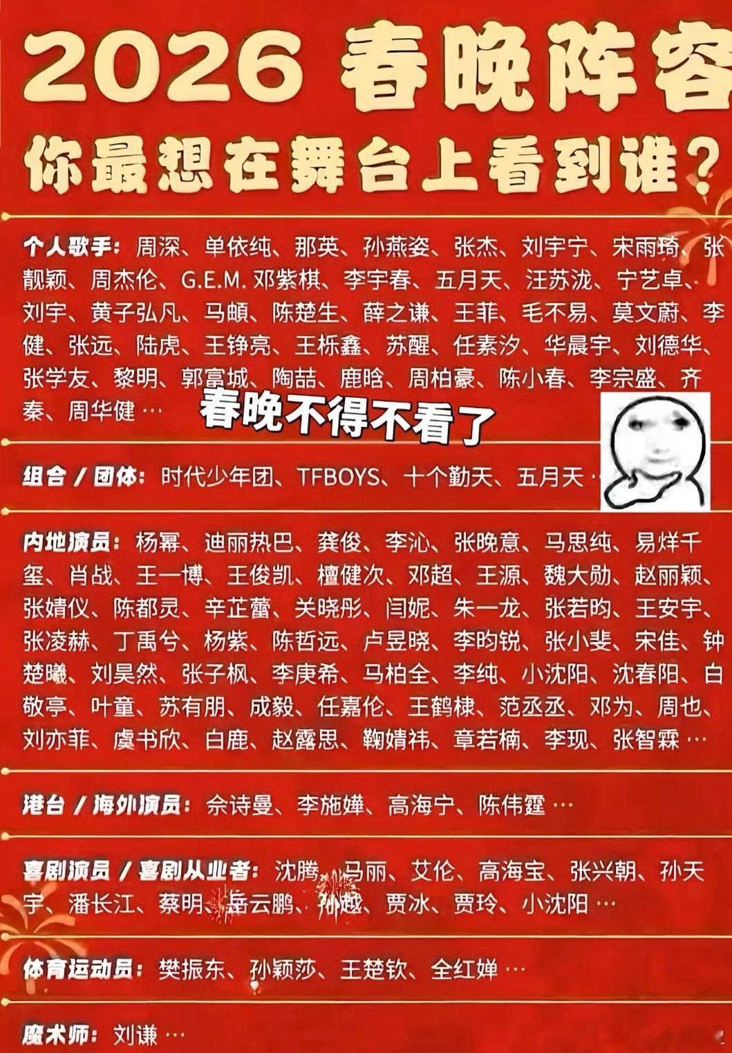 春晚节目单谁懂啊！这张2026春晚阵容图直接把我的期待值拉满到爆灯！✨从周深、王