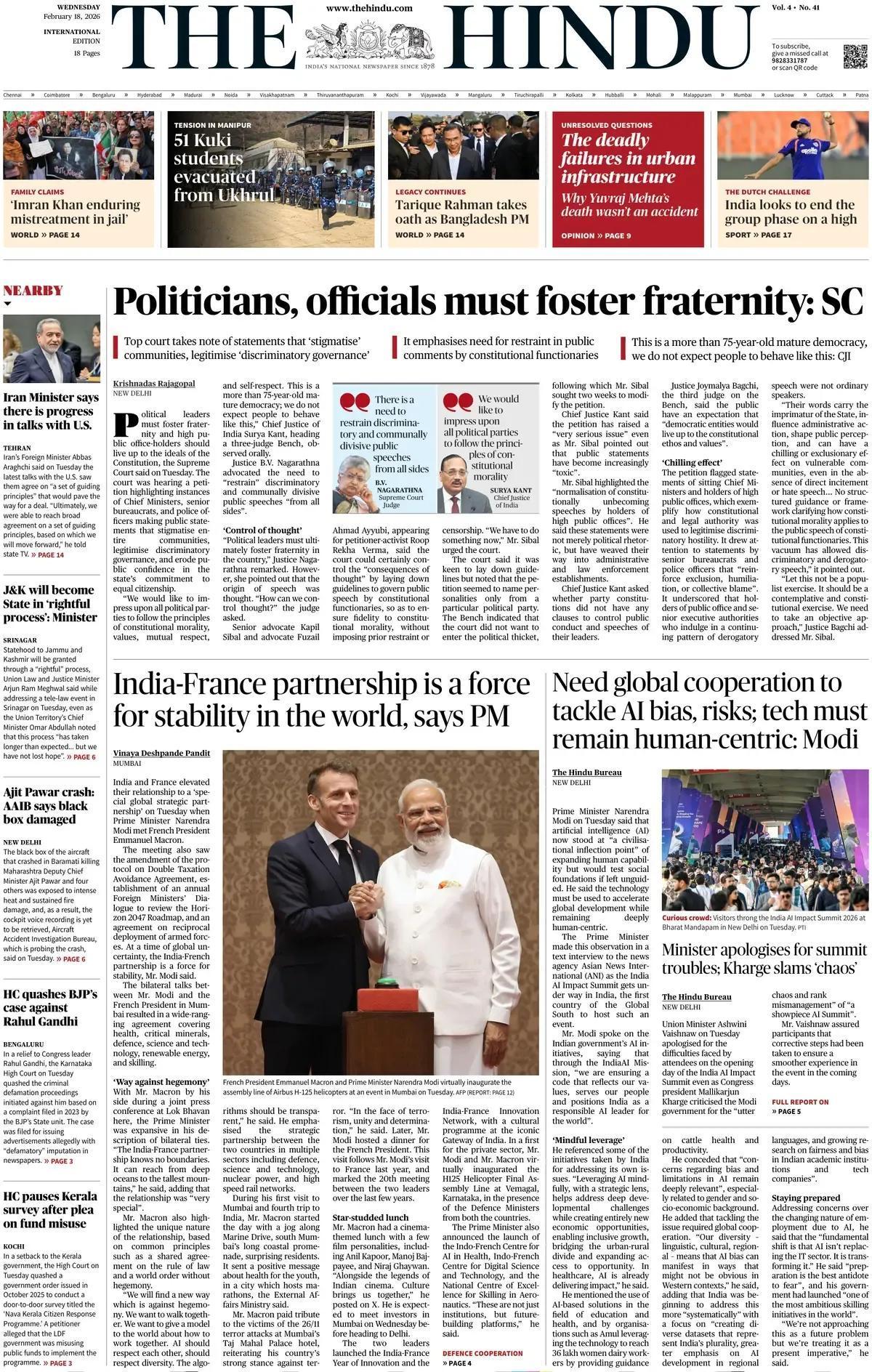 据《印度教徒报》头版报道称，莫迪总理表示，印法伙伴关系是世界稳定的一股力量。
周