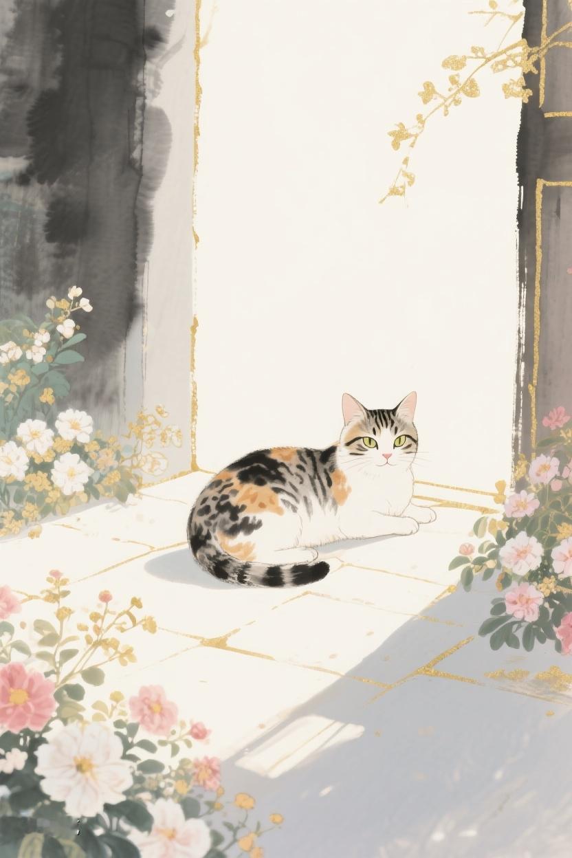 AI随心绘阳光下，猫咪慵懒卧于花丛旁，于琐碎中觅得悠然，岁月亦在此刻静美