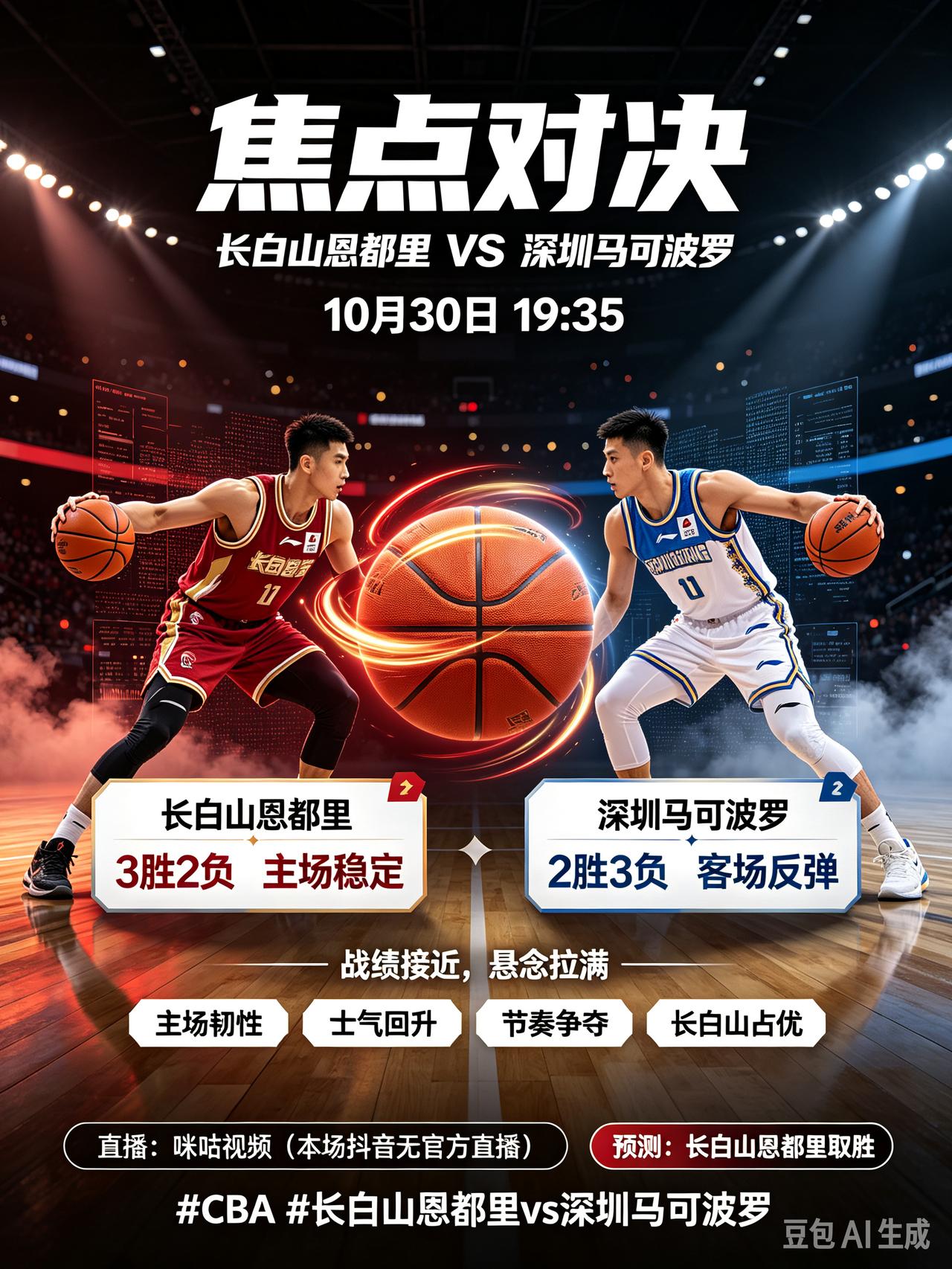 CBA焦点对决！长白山恩都里迎战深圳马可波罗！
    今天是10月30日，今晚