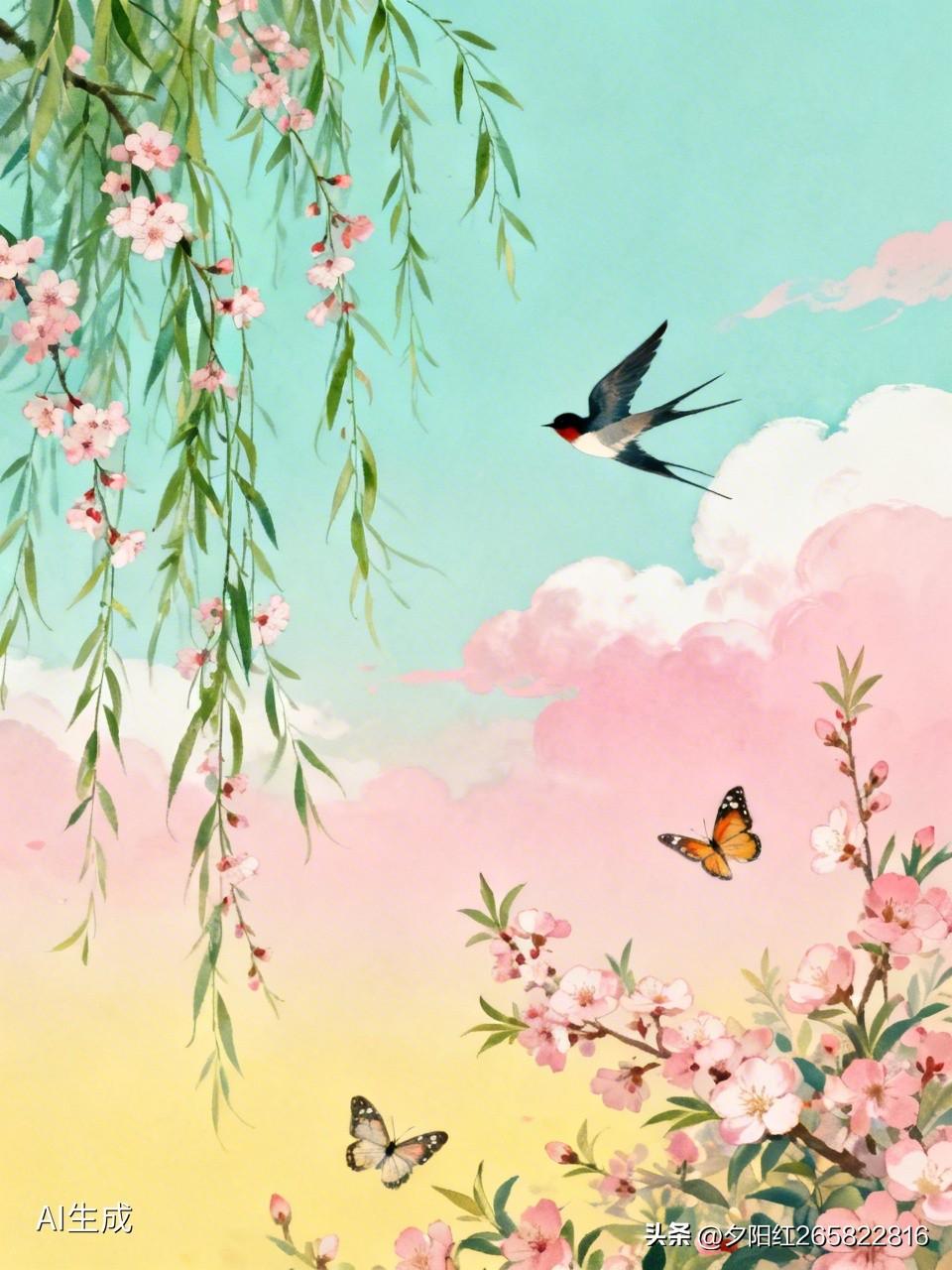 《春意》
春归大地物华新，
意韵悠悠满四邻。
风拂柳堤丝袅袅，
雨润桃蕊色津津。