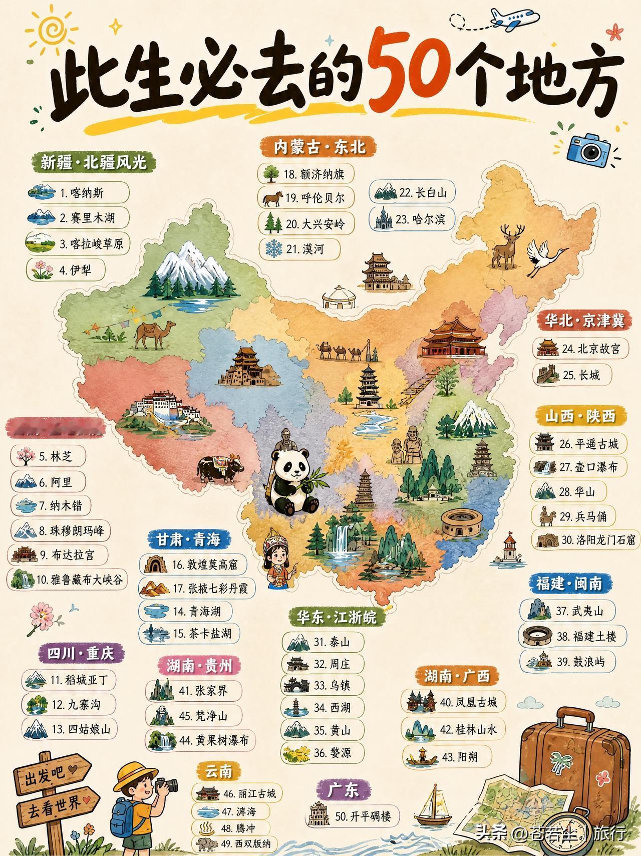 一图看懂｜此生必去的50个地方全国景点指南 
整理一份人生旅行清单，汇聚山海盛景