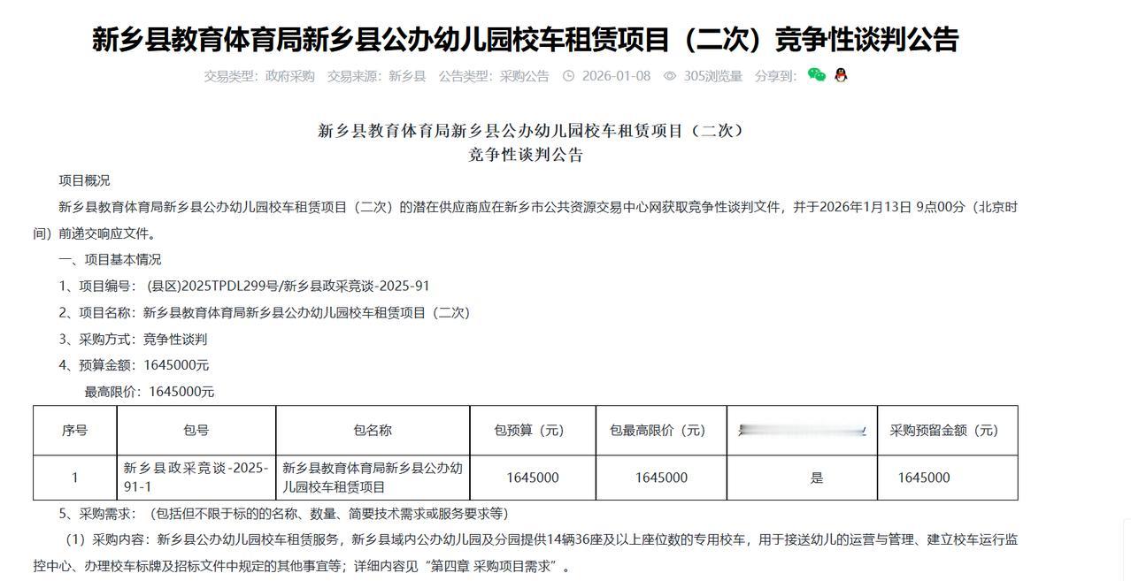新乡县教育体育局新乡县公办幼儿园校车租赁项目（二次）竞争性谈判公告，预算164.