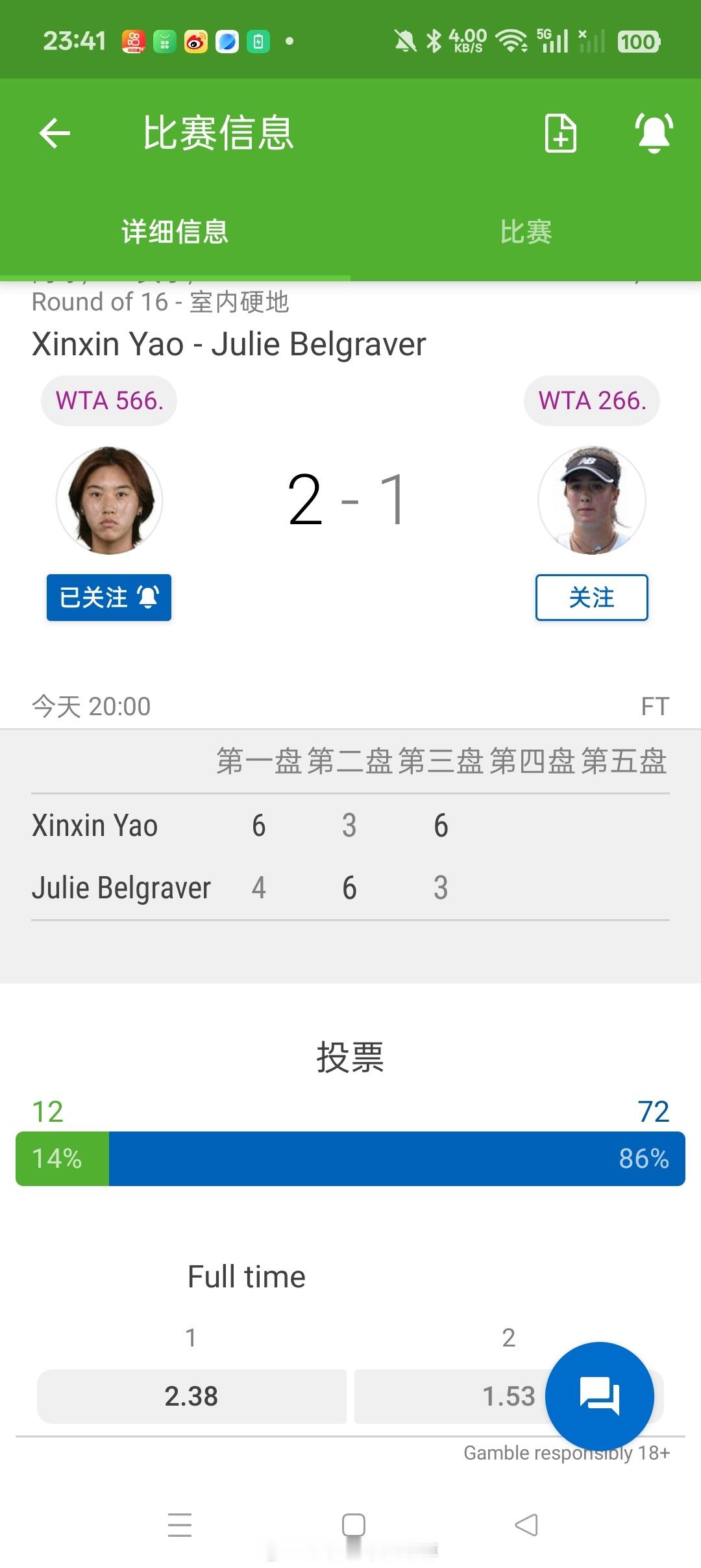 【昂德雷济约－布泰翁W75】女单第二轮从资格赛突围的姚欣辛🇨🇳以6-4/3-