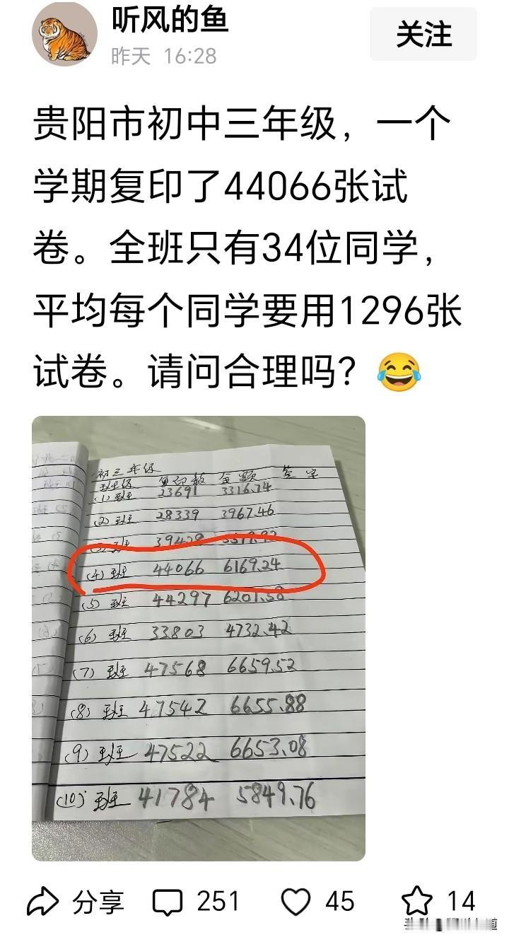初三一学期四万多张试卷，家长吐槽卷太多，算账后大伙沉默了
 
贵阳一个初三班级晒
