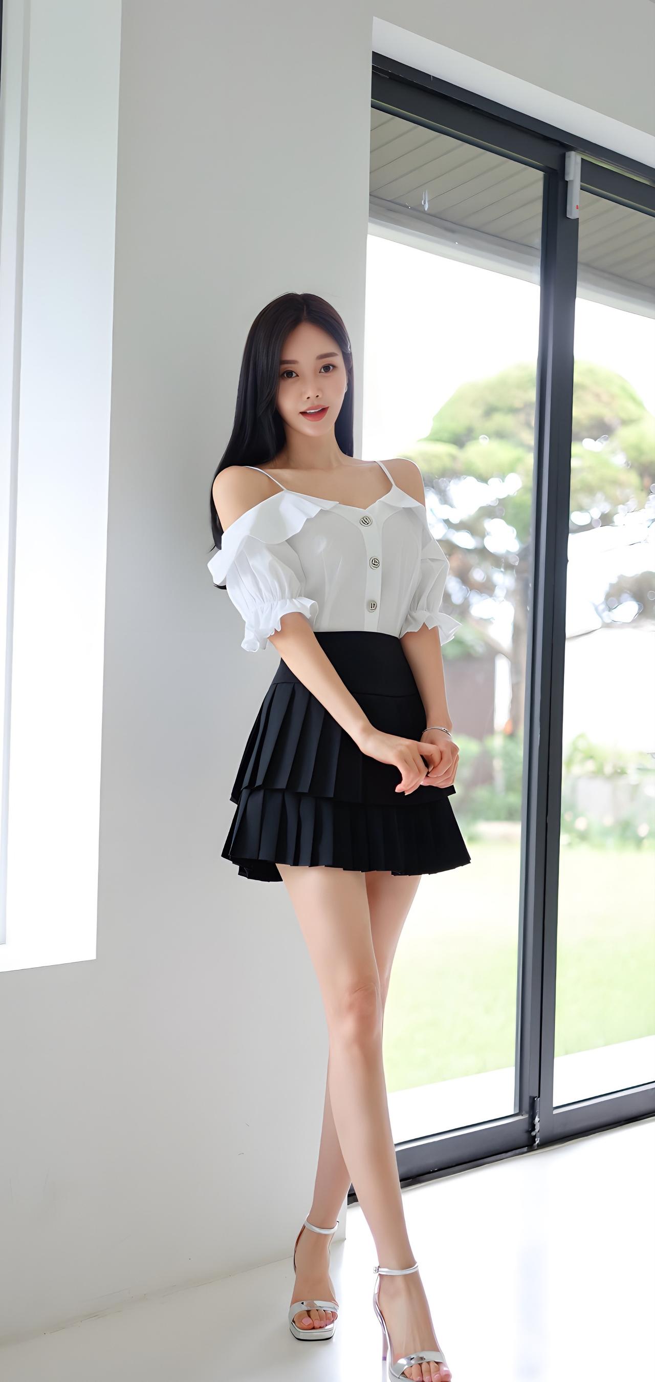 甜美少女风穿搭，白色荷叶边上衣搭配黑色百褶裙，清新自然！