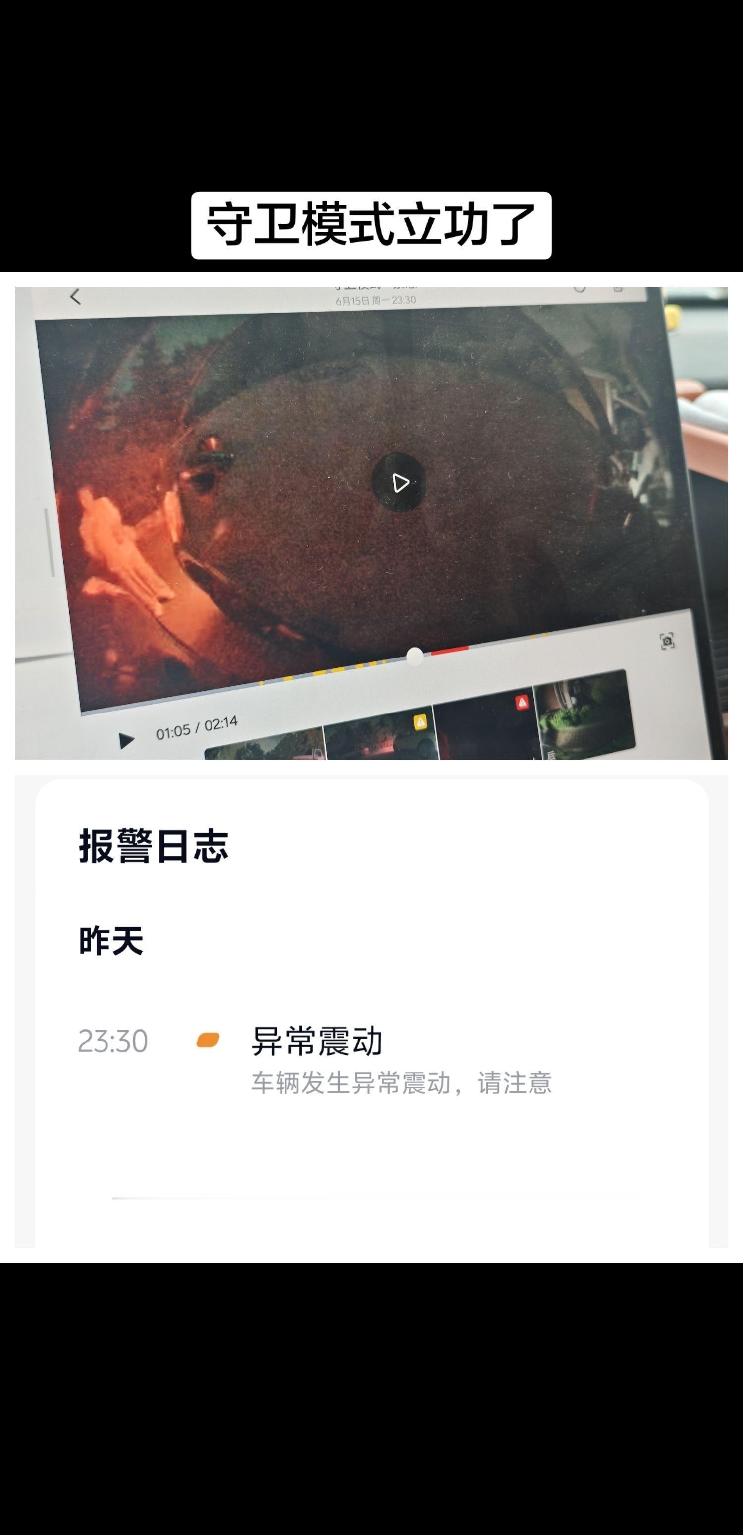 守卫模式立功了，大半夜收到异常震动提醒，肇事司机的同伴（女），下车看了看然后跑了