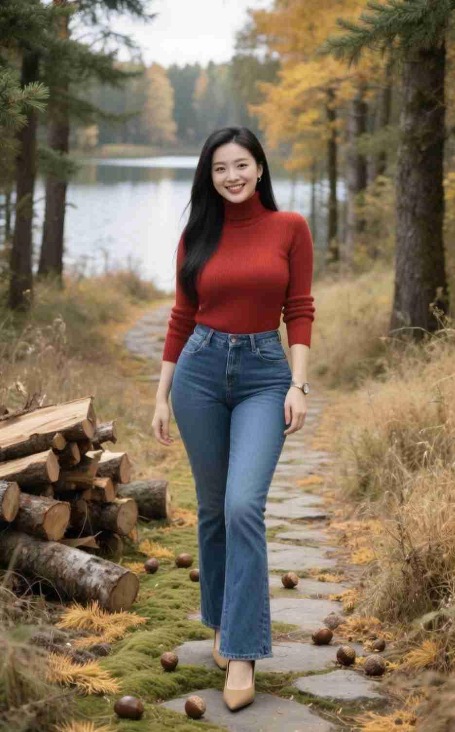 我的今日状态：😁轻松愉快
我这里的天气：☀️晴天
《湖畔秋径》
 
红衫熨帖着