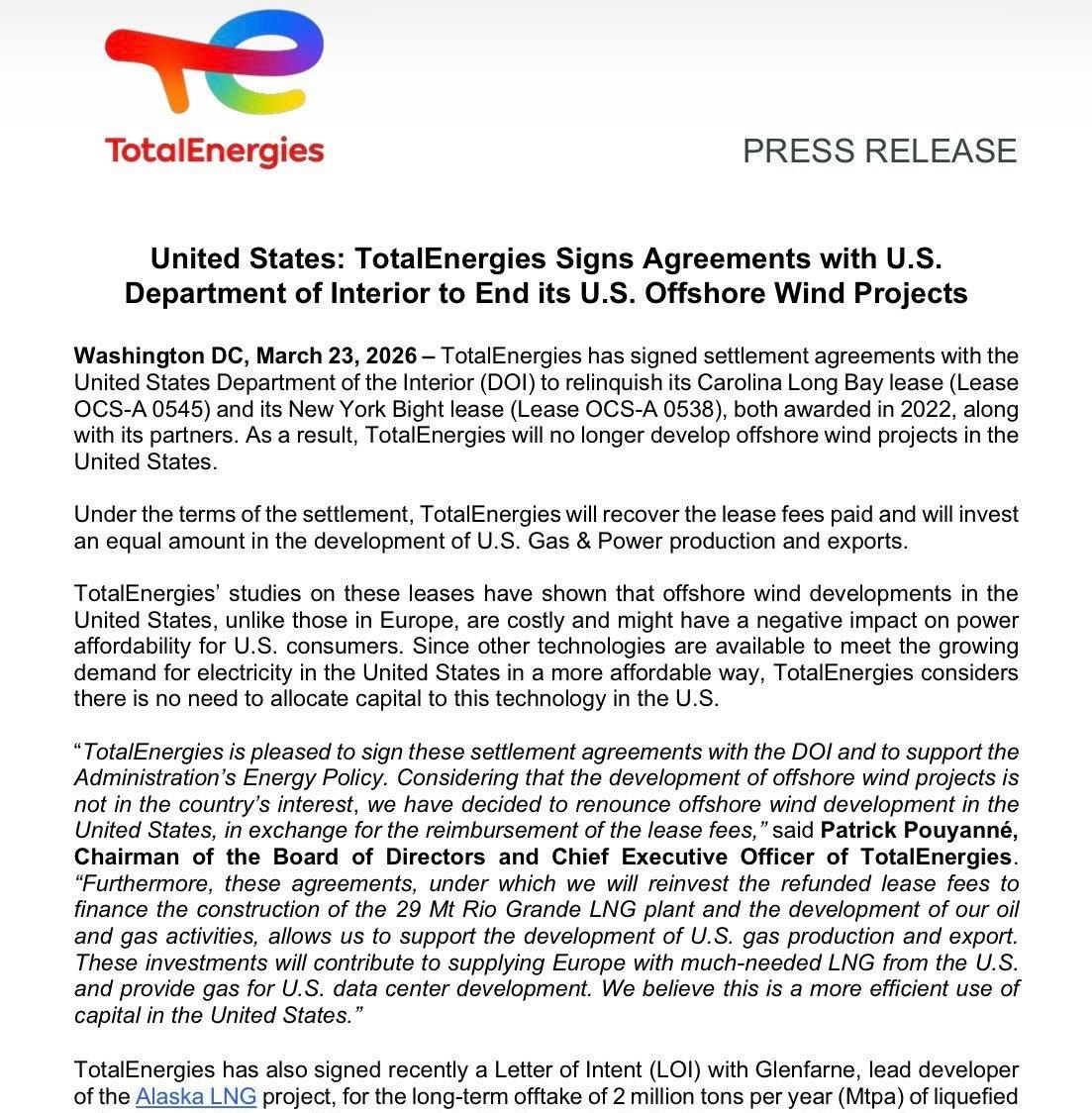 法国Total Energies退出美国海上风电，与内政部签署协议，放弃两项租赁