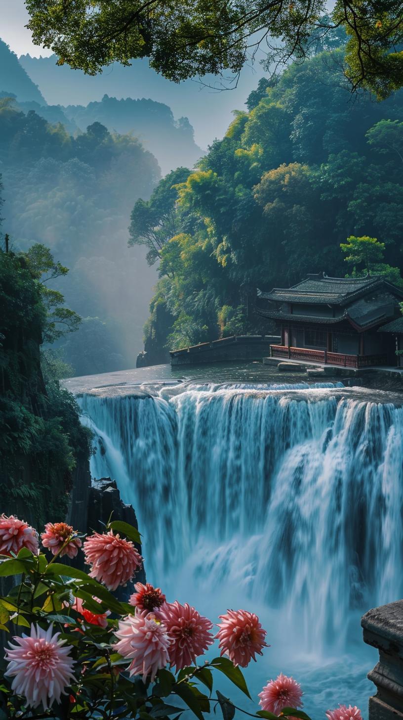 黄果树双瀑辞
 
你该在晨雾未散时来——先撞见陡坡塘那匹“卧在钙华滩上的银缎”。