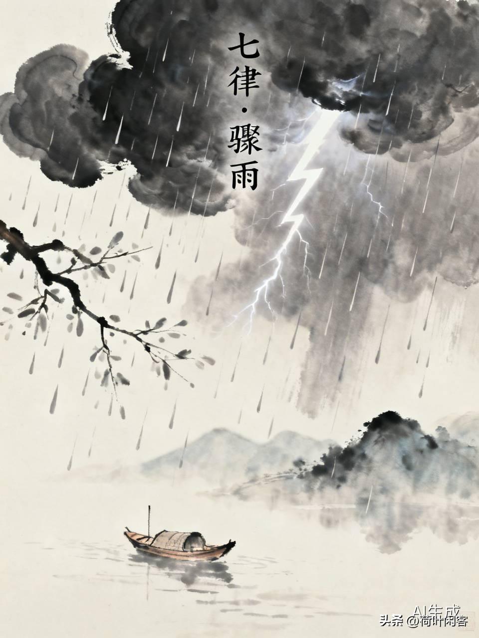 七律·骤雨
雷鸣电闪暗穹苍，骤雨倾盆风势狂。
败叶枯枝随打转，飞禽走兽急潜藏。