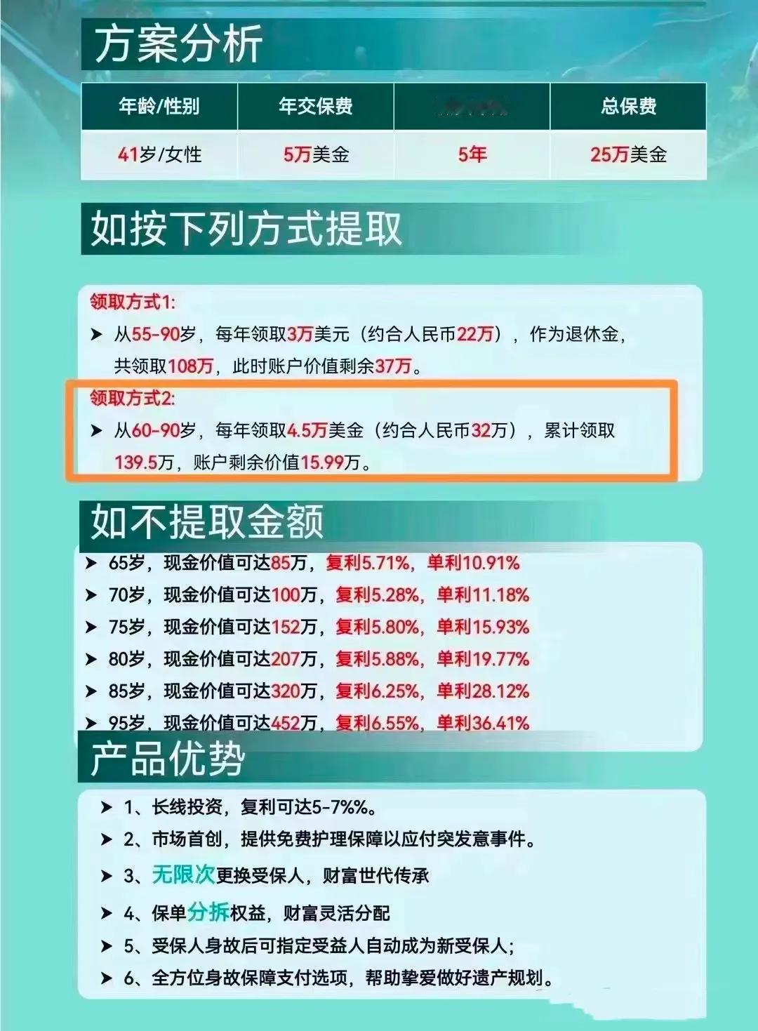 ① 41 岁进行养老储蓄

41 岁进行投保，每年存入 5 万美金，连续存 5 