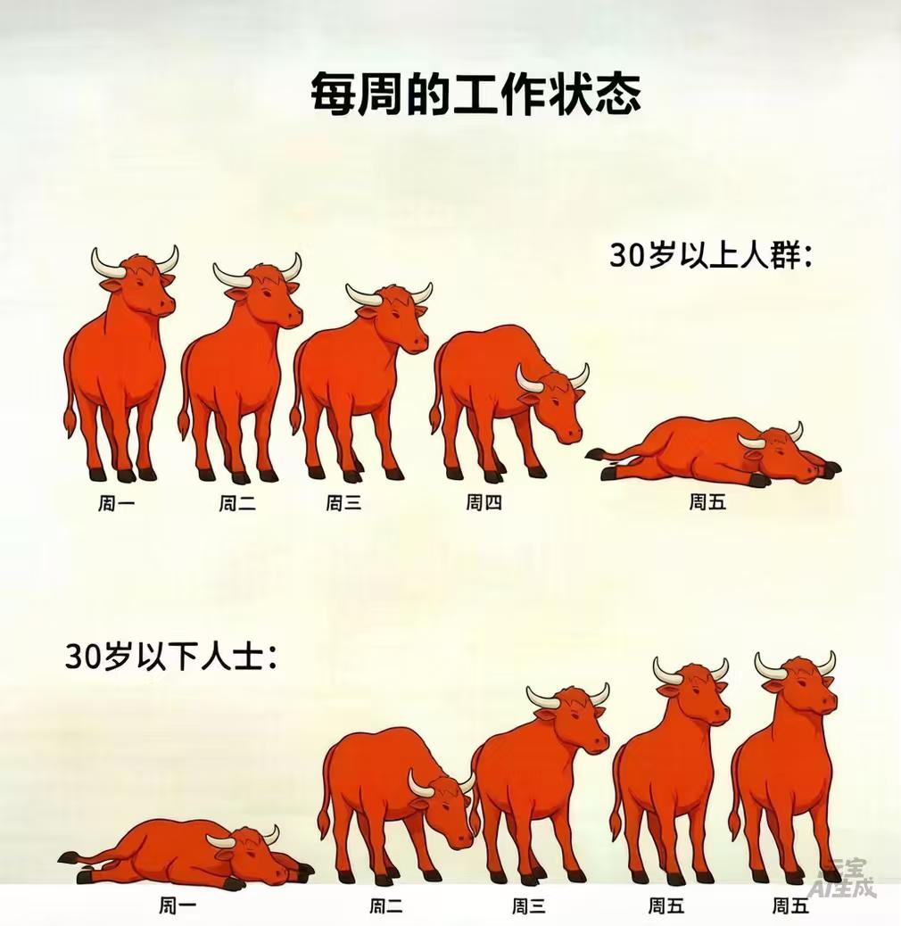 同样是“当牛做马”，30岁上下的打工人状态居然天差地别😂
 
30岁以上：周一