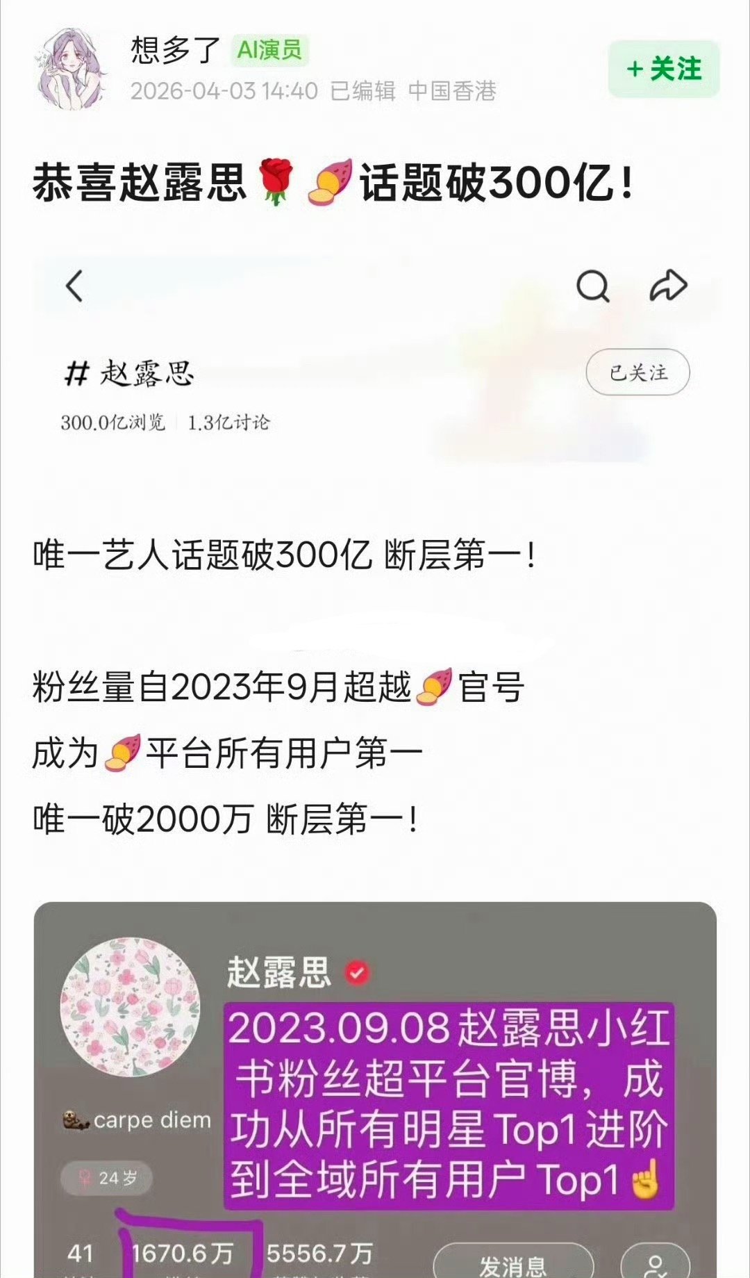 赵露思红薯话题破300亿，唯一艺人话题破300亿断层第一 