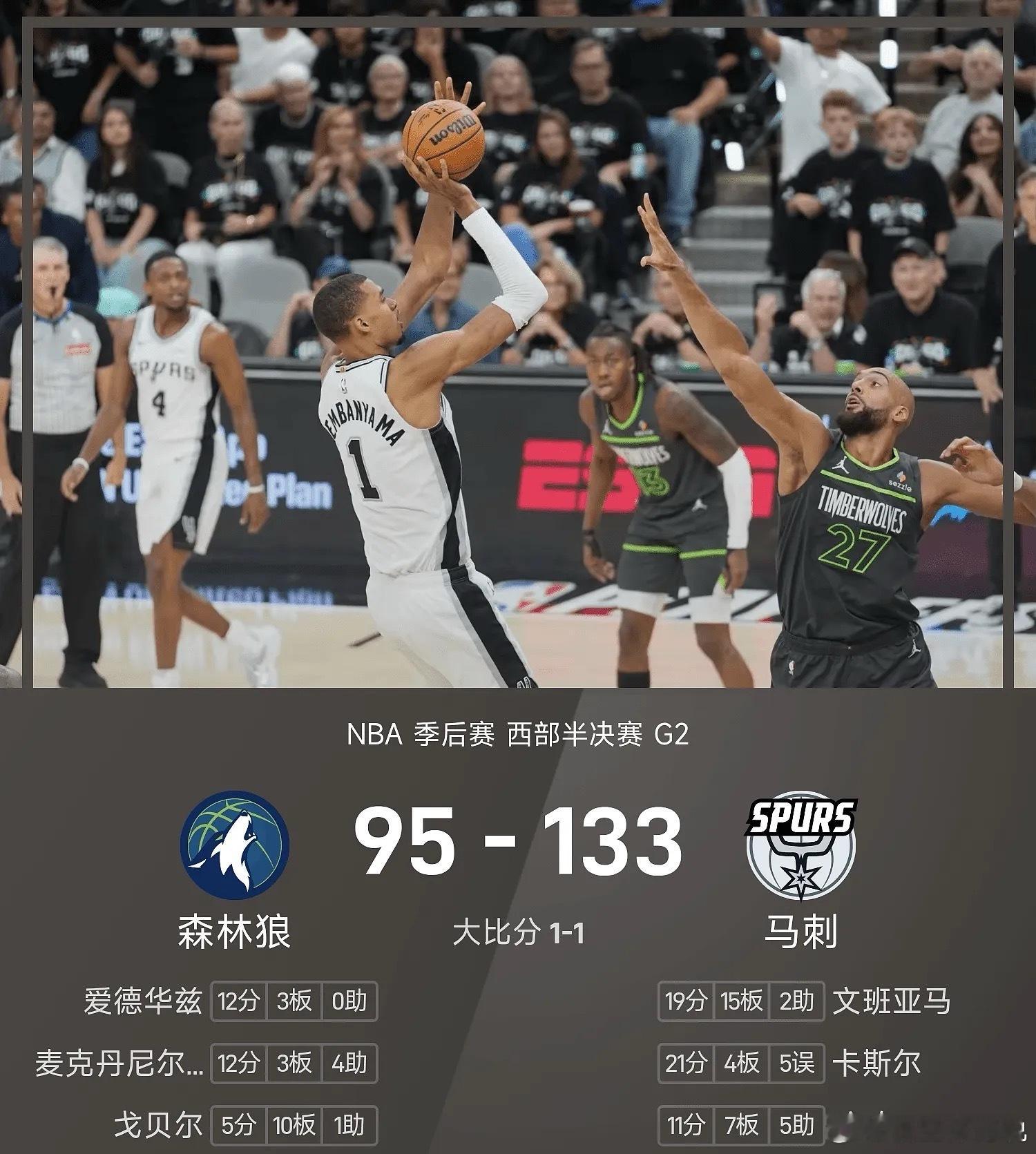 NBA 5月7日NBA西部半决赛G2，马刺主场对阵森林狼。上来两队进攻手感都不佳