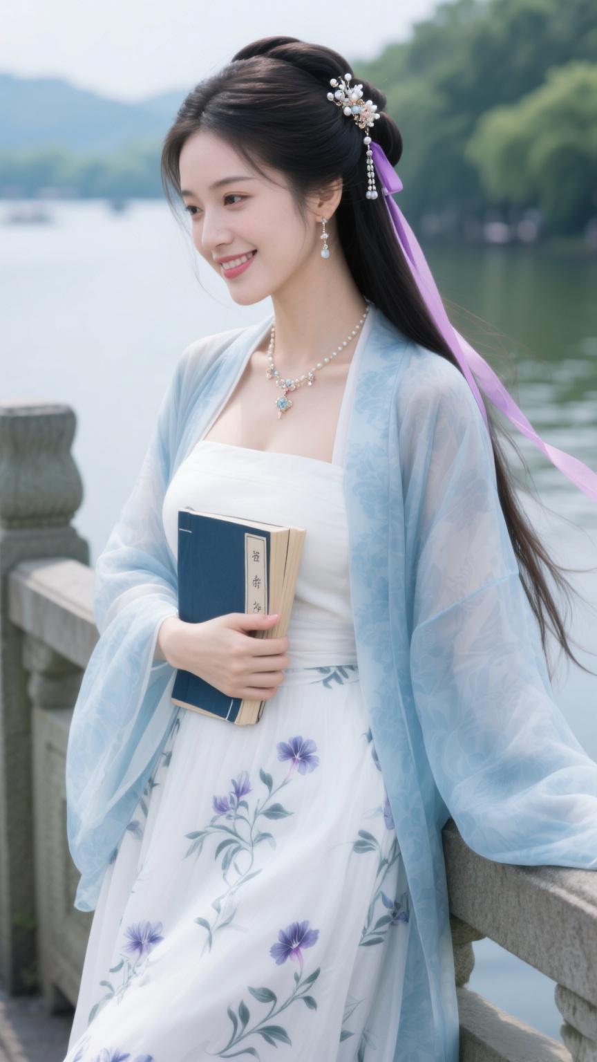 鹧鸪天·湖畔风吟
 
罗袂生香立岸边，蓝绡轻覆玉光绵。银簪暗锁玲珑韵，紫带明承水