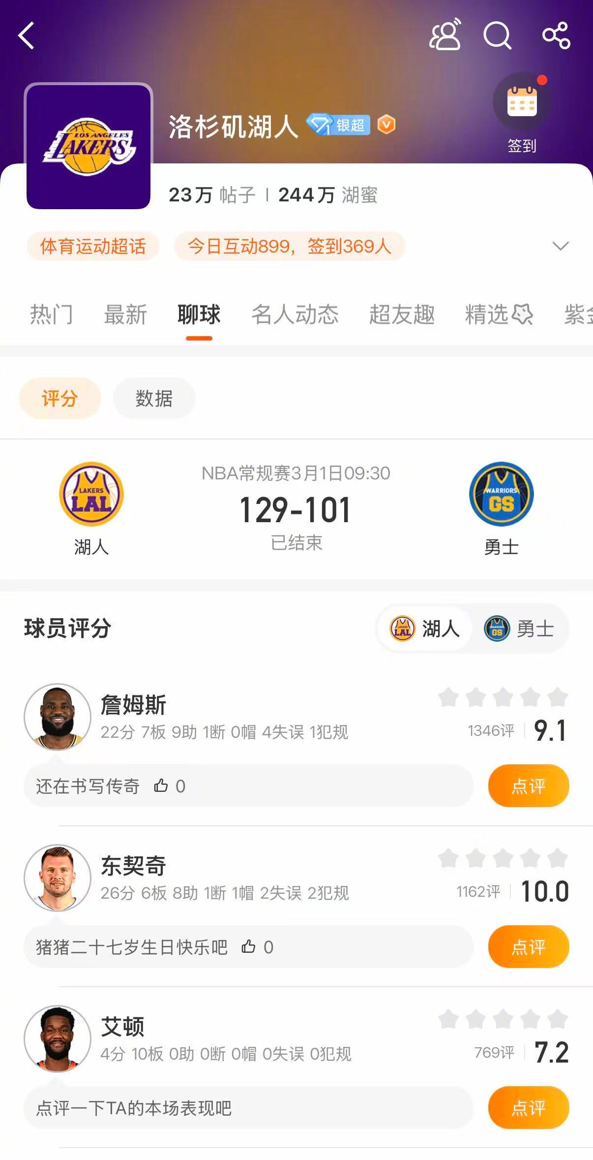 湖人28分大胜勇士 湖人129-101战胜勇士。东契奇26分6篮板8助攻，詹姆斯