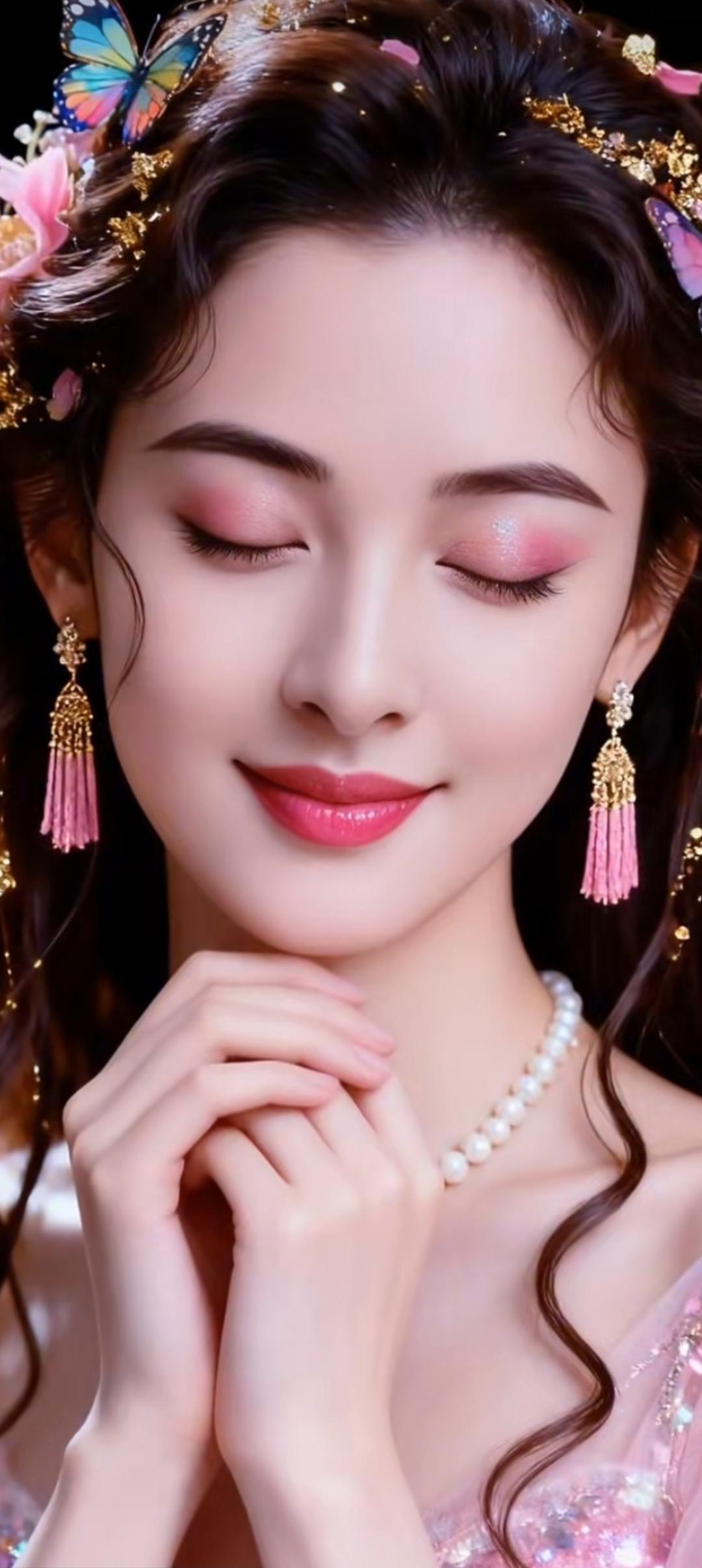 梦幻古风妆容，粉嫩双颊，蝴蝶发饰，珍珠项链，温柔动人。