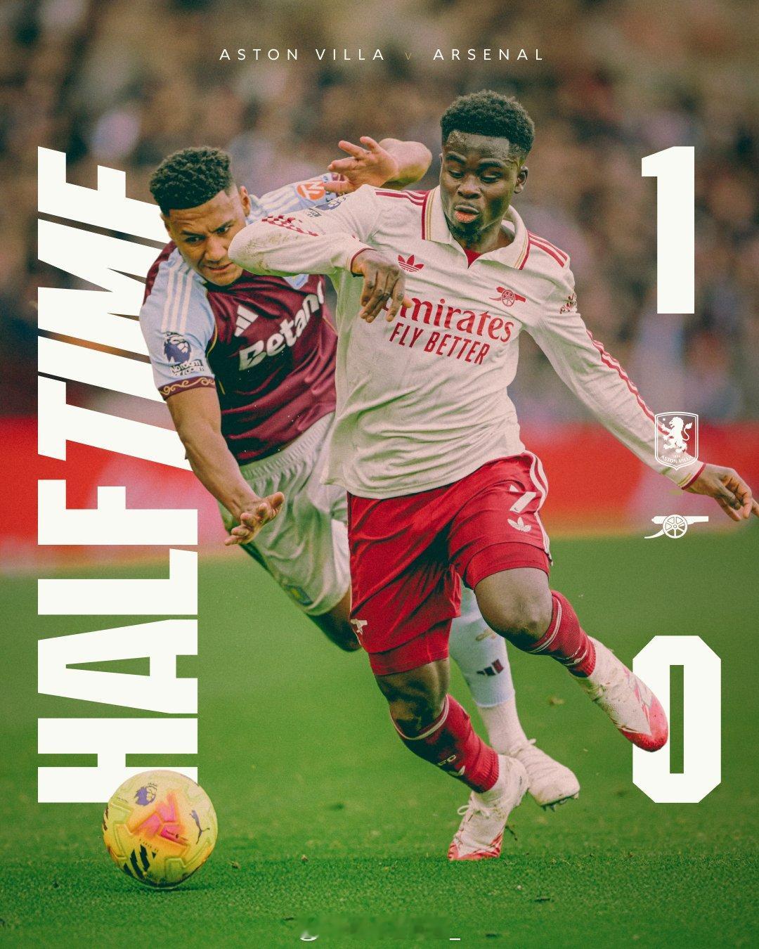 半场结束！维拉凭借卡什打入一球1比0暂时领先阿森纳！