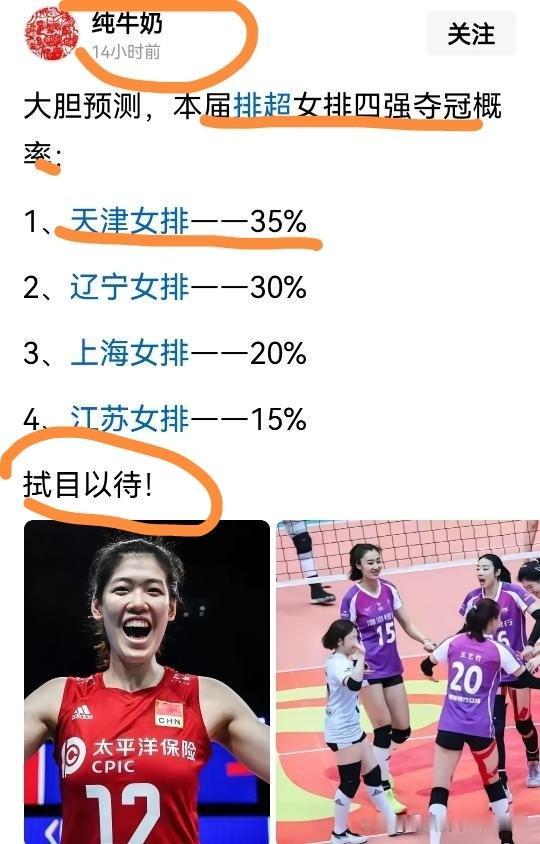干就完了，本赛季女排联赛A级季后赛冠军，据纯牛大胆预测说：非津莫属！
