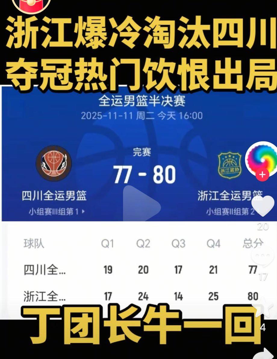 全运会男篮出现惊天大爆冷啊，夺冠大热门四川对爆冷出局，真的是太意外了啊，四川队为