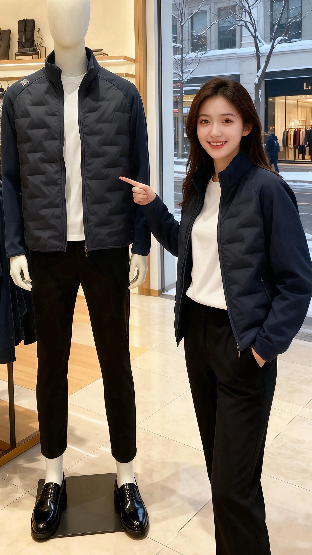 雪落进橱窗时，陈默第三次抬头看她。  她穿藏青拼接短款外套，软面与菱格...