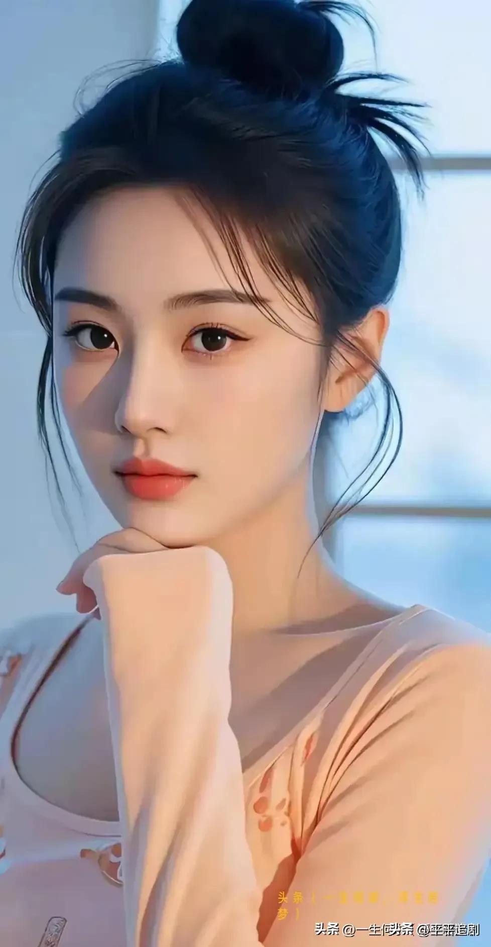 暖调光影裹着温柔，丸子头散落碎发，指尖轻托下颌，眉眼间的恬静是藏在时光里的慵懒与