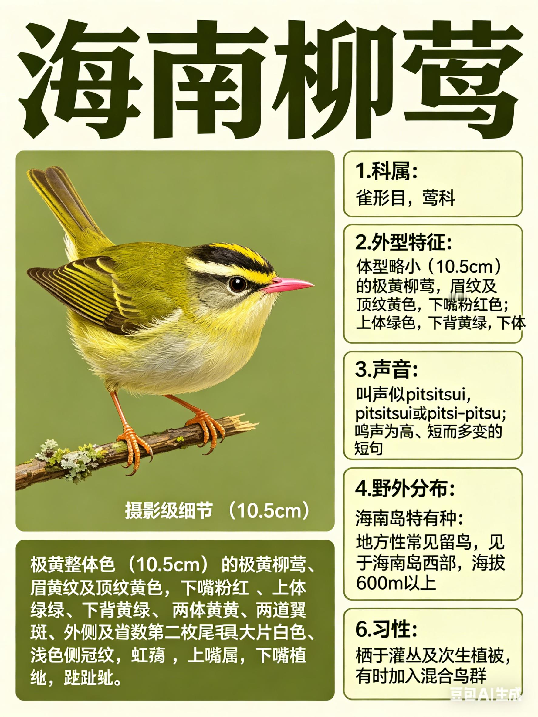 鸟类朋友图鉴 海南柳莺·科属：雀形目，莺科。·外形特征：体型略小（10.5cm）