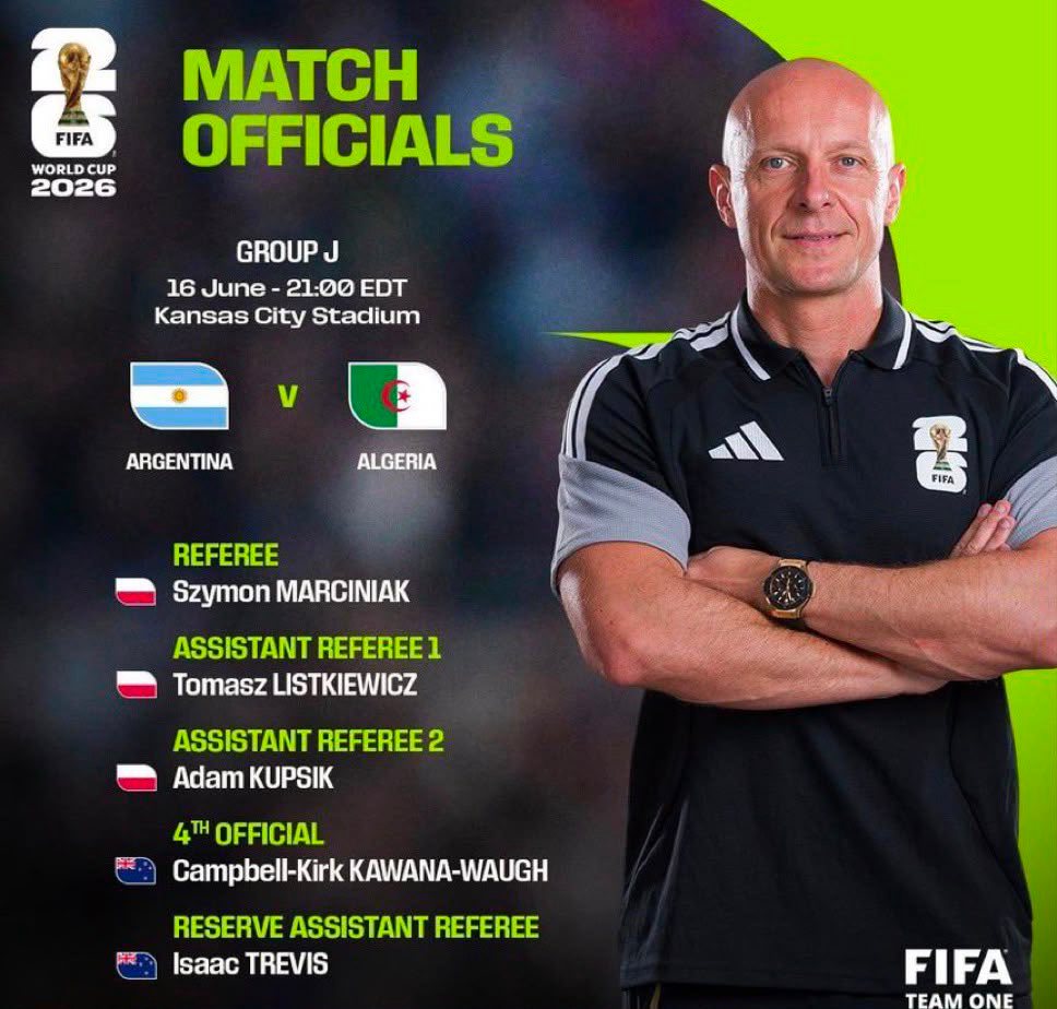 FIFA官方公布了阿根廷对阵阿尔及利亚的裁判组名单，波兰名哨马齐尼亚克被正式任命