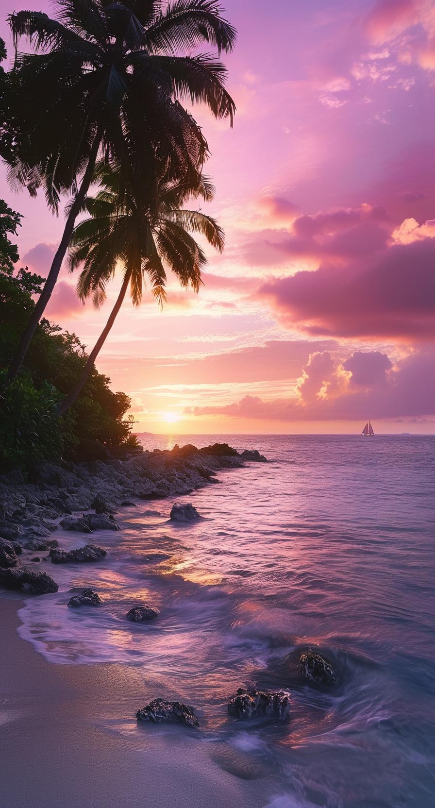 冬日生活打卡季这幅画描绘了一幅美丽的海边日落景象。画面左侧有几棵高大的椰子树，它