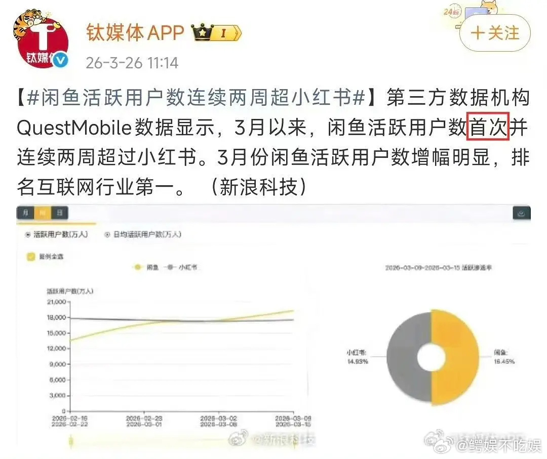 闲鱼官宣赵露思后月活都开始超🍠了，增幅也是行业内第一，🍠最近是不是被谁瘟到了