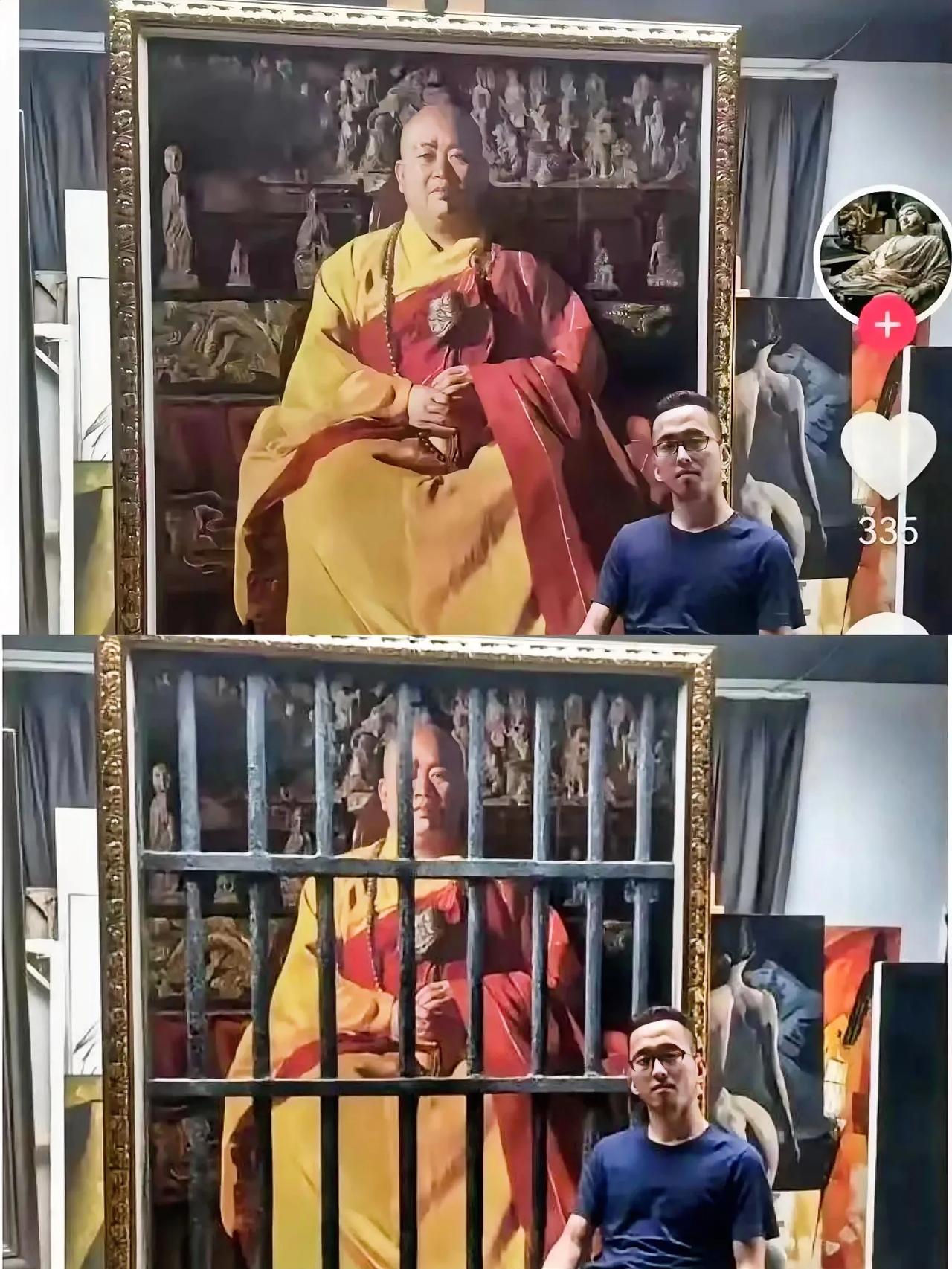 是网友有才，还是画家更有创意？油画就这点好，可以反复修改，没完成的画，把头盖住重