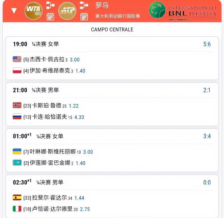 5月13日网球赛程【罗马站】
中心球场安排4场1/4决赛，两场男单、两场女单，1