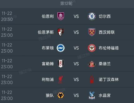 北京时间11月22日，明天的英超第12轮重燃战火，6场赛程如下：

第一场20：