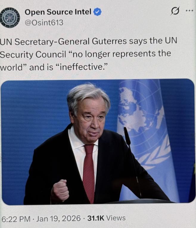 联合国秘书长古特雷斯表示，联合国安理会“已不再代表世界”，并且是“无效的”。

