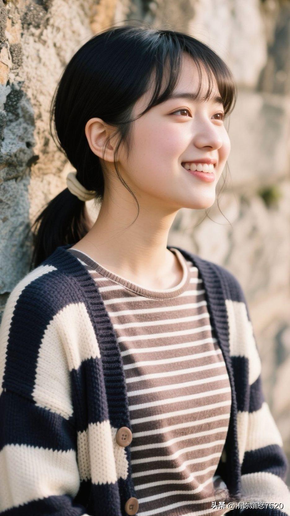 🍂 棕调针织裹住秋光的暖，石墙洇着枯叶的诗，笑意漫开时，整个季节都浸着治愈的甜