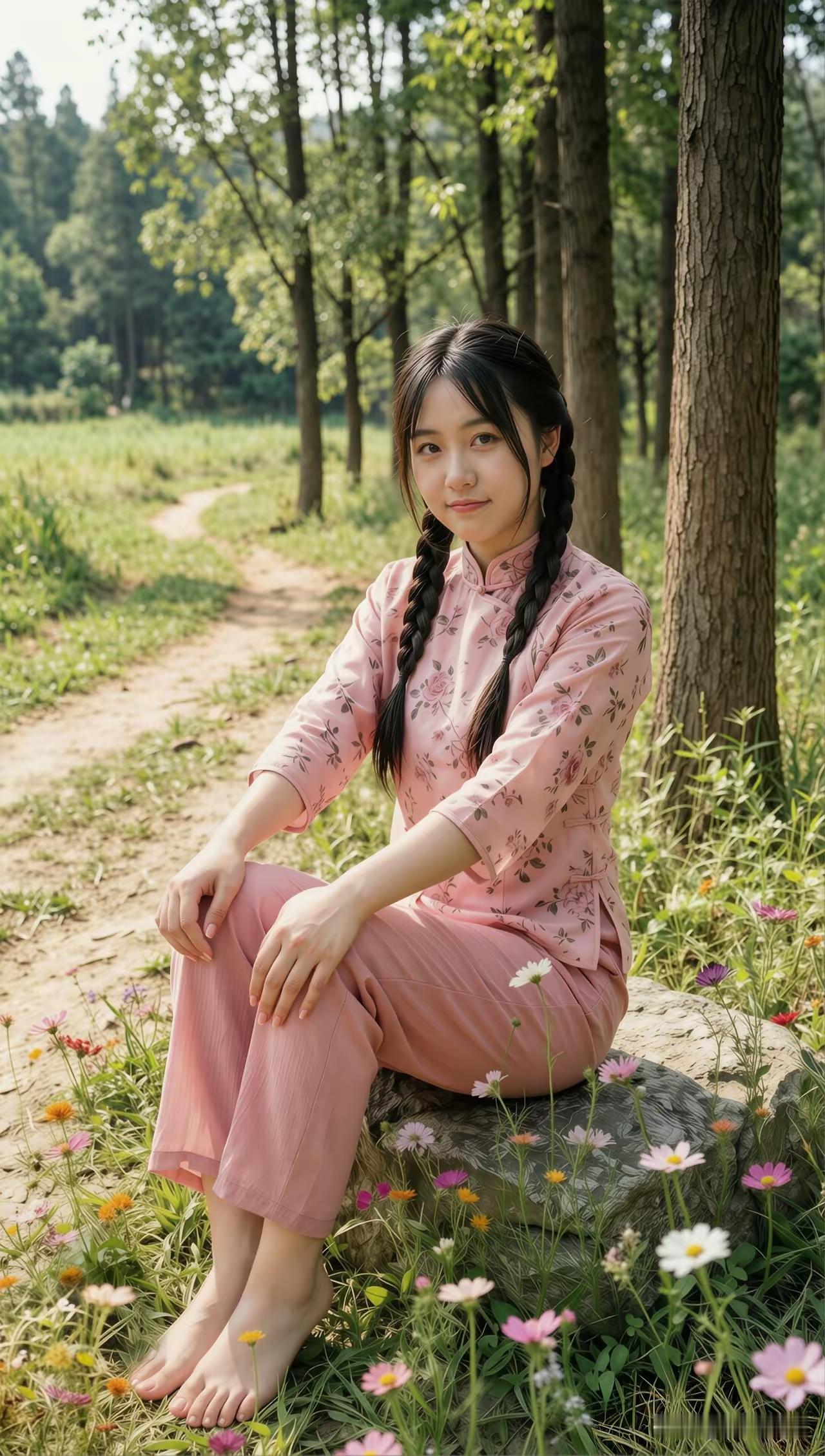 景美太难找，
芳林空气好。
赤足坐石上，
开心无烦恼。