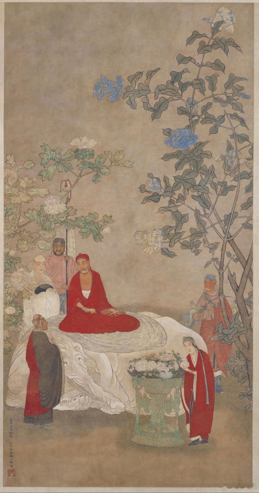 普贤像图，故宫博物院/藏绘普贤大士结跏趺坐于白象背上与弟子说法时的情形。图中普贤