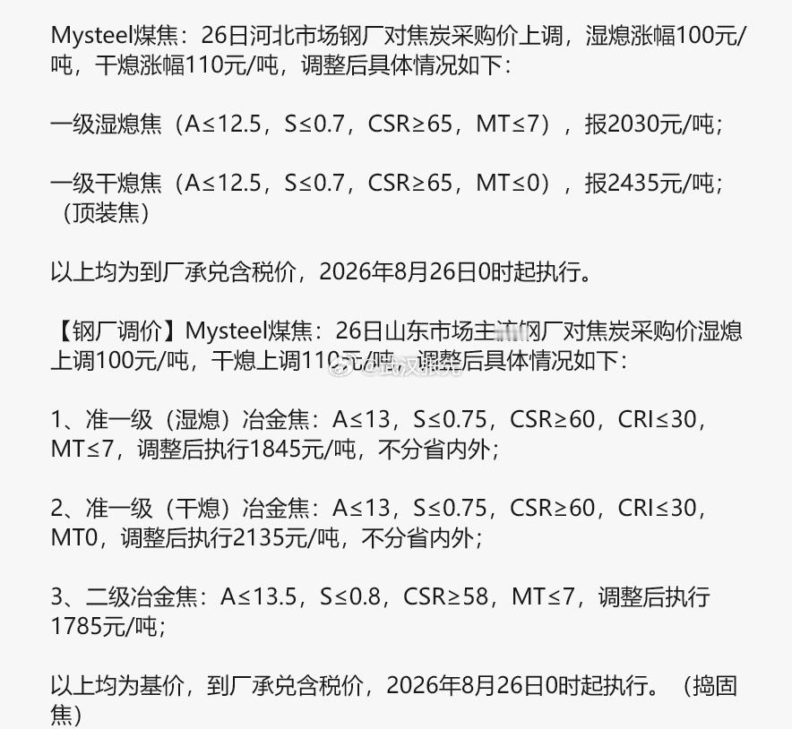 焦炭第二轮提涨全面落地，预计本周五第三轮提涨落地涨幅100/110。（这样的提涨